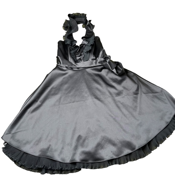 WHBM Black Satin Halter Ruffle Cocktail Dress With Pockets Size 4 - Picture 8 of 16